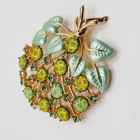 Vintage Style Watermelon Rhinestone Cabochon Tree Brooch Green Enamel Leaves - Picture 9 of 9